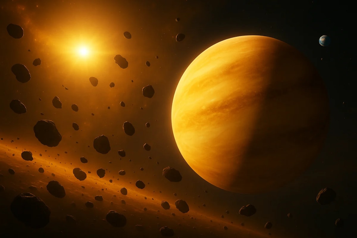 Planeta Venus iluminado por el Sol, rodeado de múltiples asteroides en el espacio