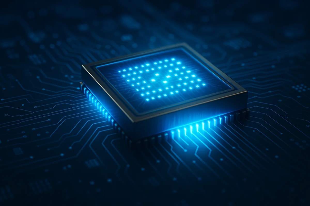 Chip de computadora cuántica iluminado en azul con circuitos electrónicos, representando el avance en la fabricación de procesadores de qubits de silicio