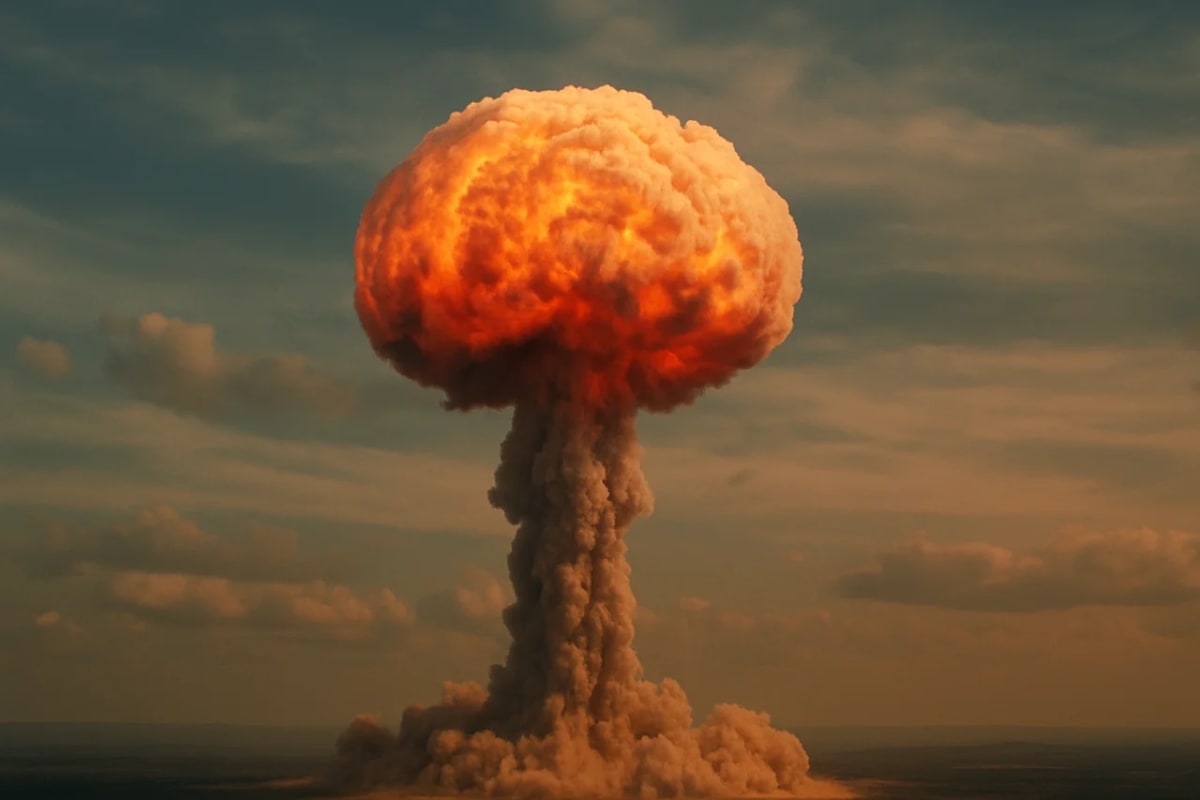 Hongo atómico elevándose en el cielo tras una explosión nuclear, con tonos anaranjados y grises iluminando la nube de humo
