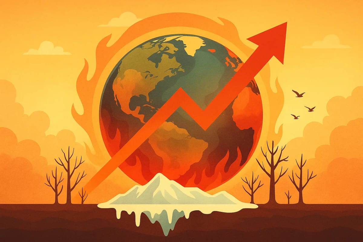 Ilustración conceptual del calentamiento global con la Tierra en llamas, glaciares derritiéndose y árboles secos bajo un cielo anaranjado