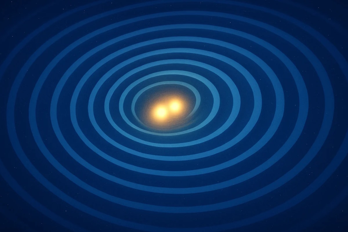 Ondas gravitacionales propagándose en el espacio desde la fusión de dos cuerpos celestes brillantes