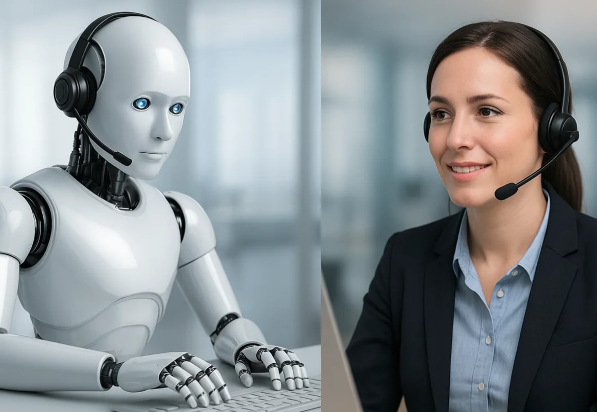 Un robot con auriculares frente a un teclado junto a una mujer con micrófono de diadema en un entorno de oficina