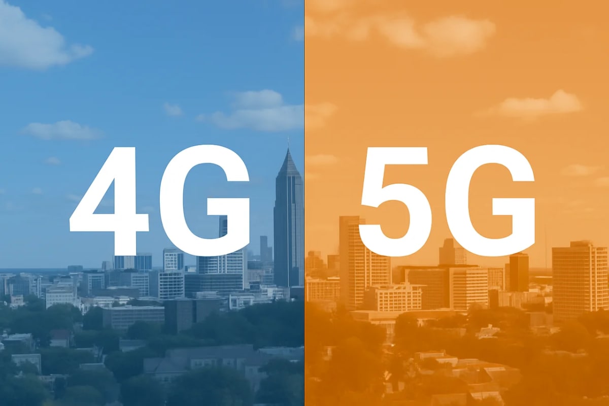 Composición digital dividida en dos mitades que muestra una ciudad bajo el rótulo 4G a la izquierda y 5G a la derecha