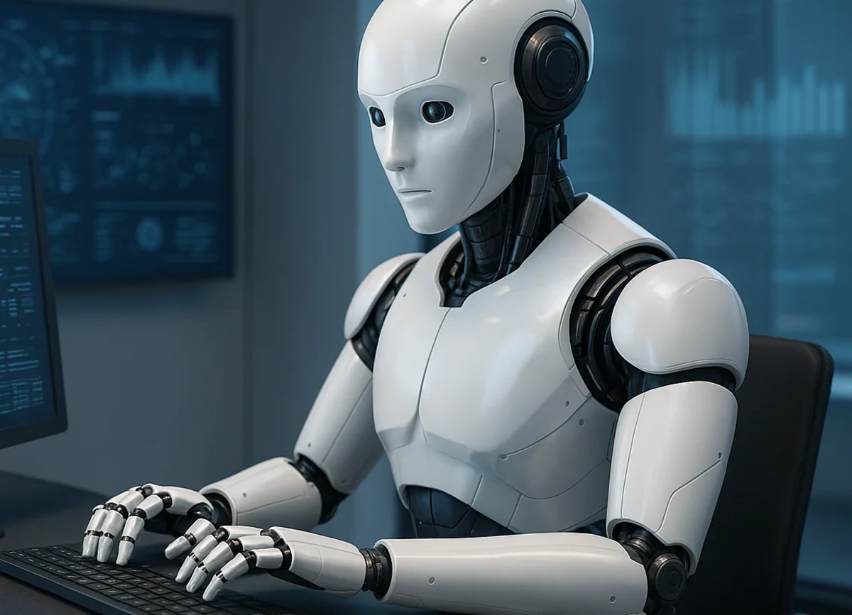 Un robot humanoide con auriculares trabaja frente a un ordenador en una oficina moderna.