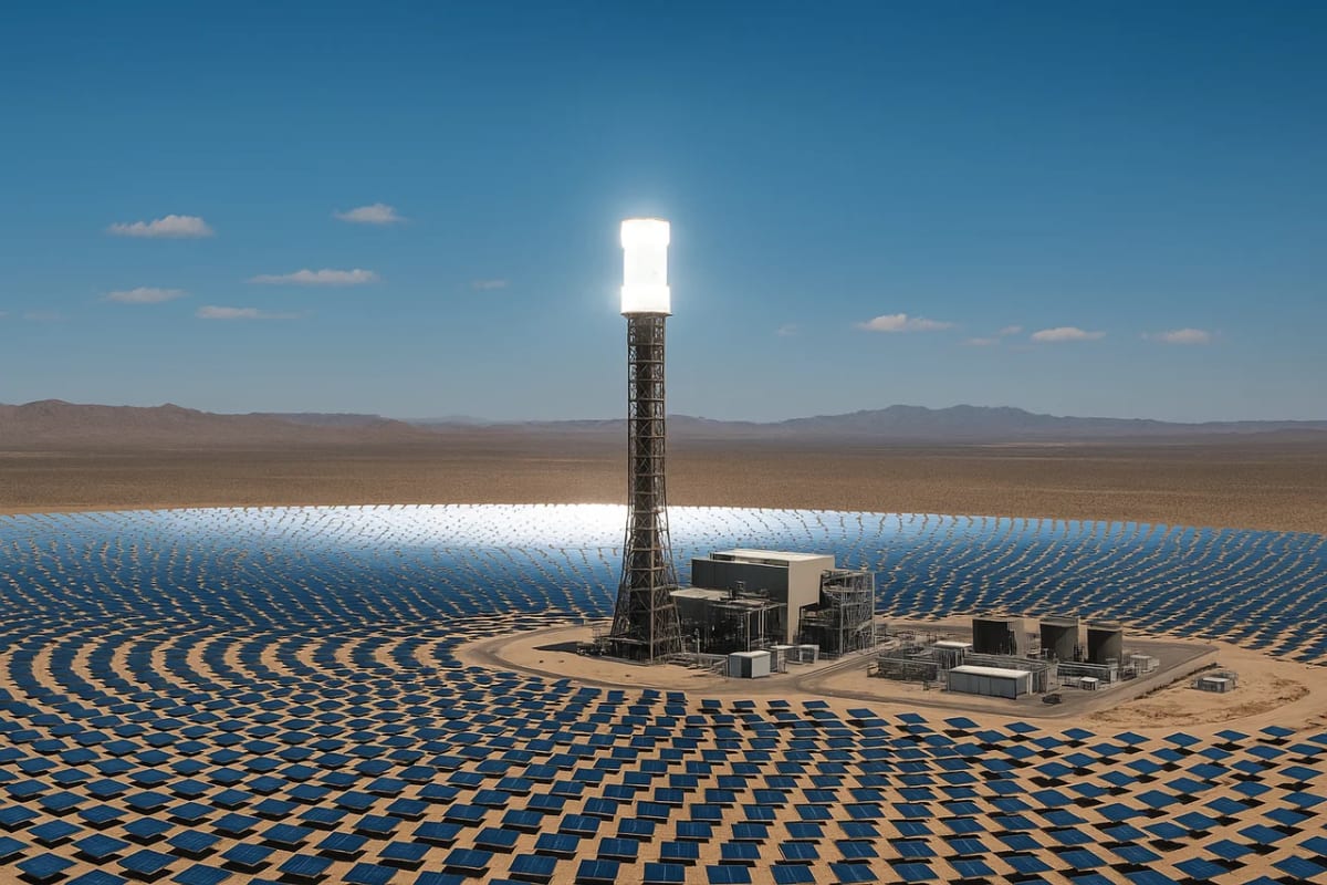 Central termoeléctrica solar en medio del desierto con torre y espejos concentrando la luz del sol
