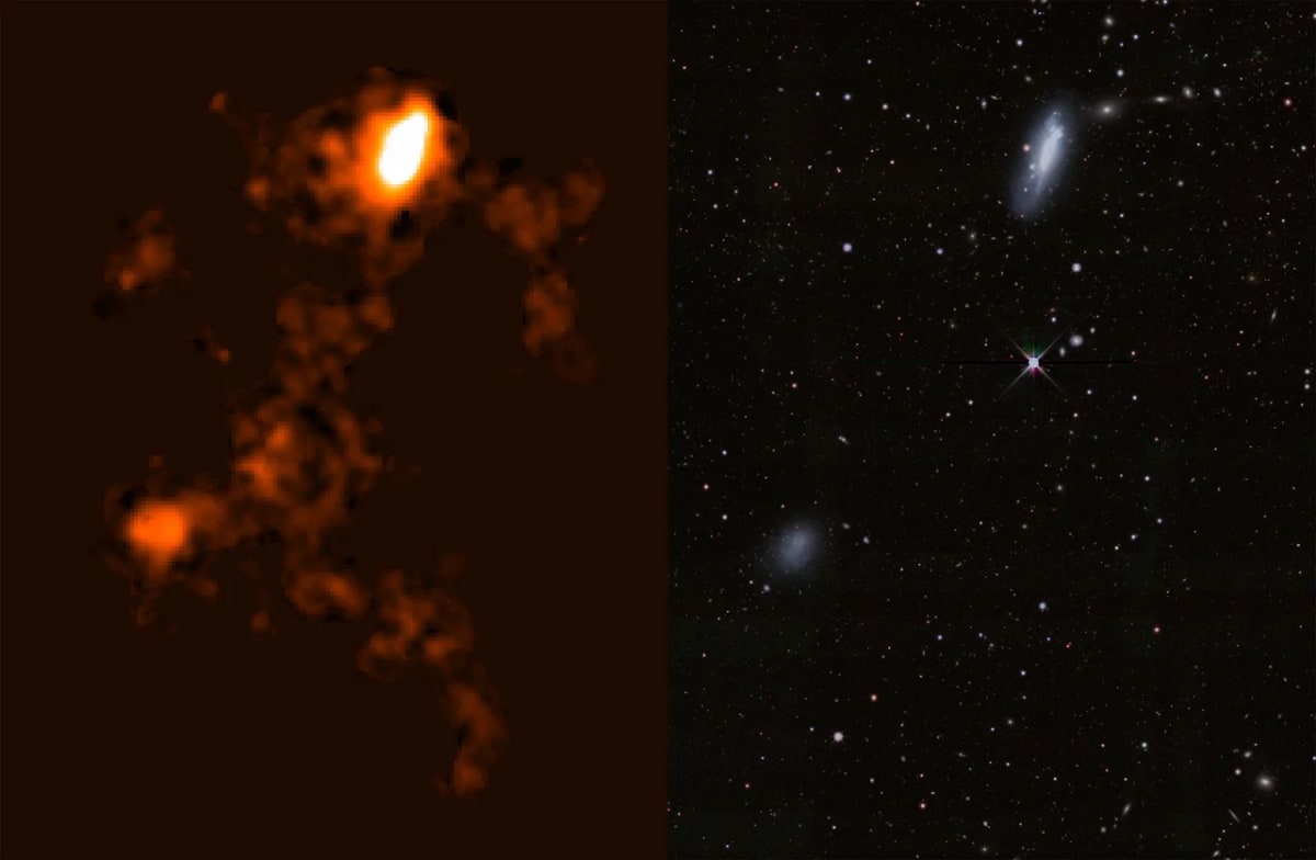 Comparación de imágenes de la radiogalaxia NGC 4532 con hidrógeno neutro detectado por ASKAP y una vista óptica de Legacy Surveys