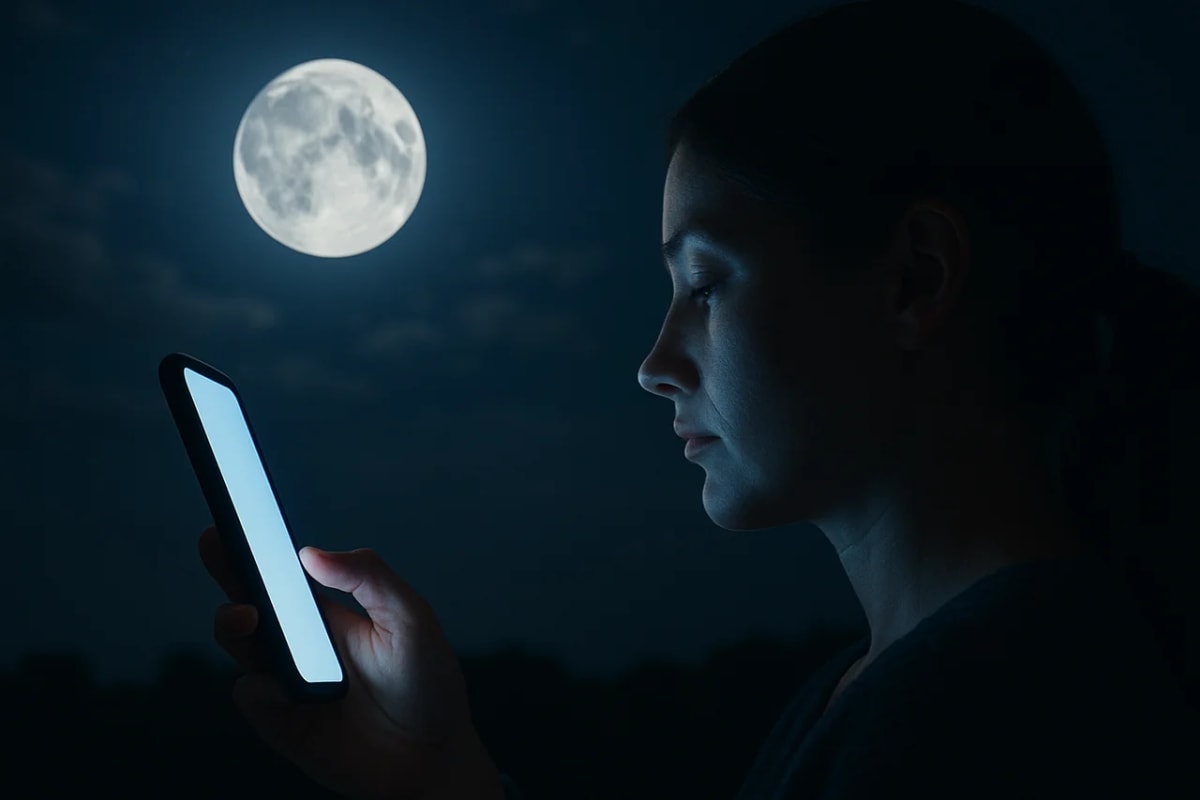 Mujer observa su teléfono móvil por la noche mientras la luz de la pantalla ilumina su rostro bajo una luna llena en el cielo oscuro