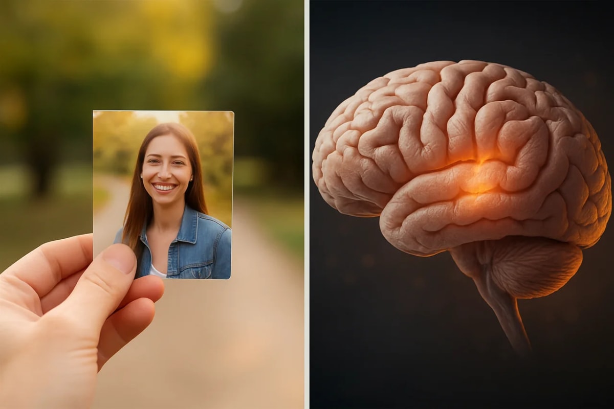Composición dividida: a la izquierda, una mano sostiene una foto de una mujer sonriente; a la derecha, ilustración de un cerebro humano con un área iluminada