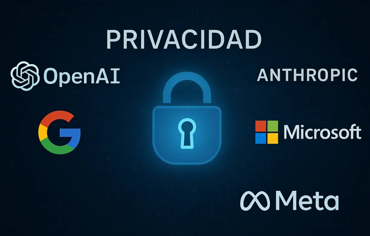 Candado azul brillante en el centro con la palabra “Privacidad” y los logos de OpenAI, Anthropic, Google, Microsoft y Meta