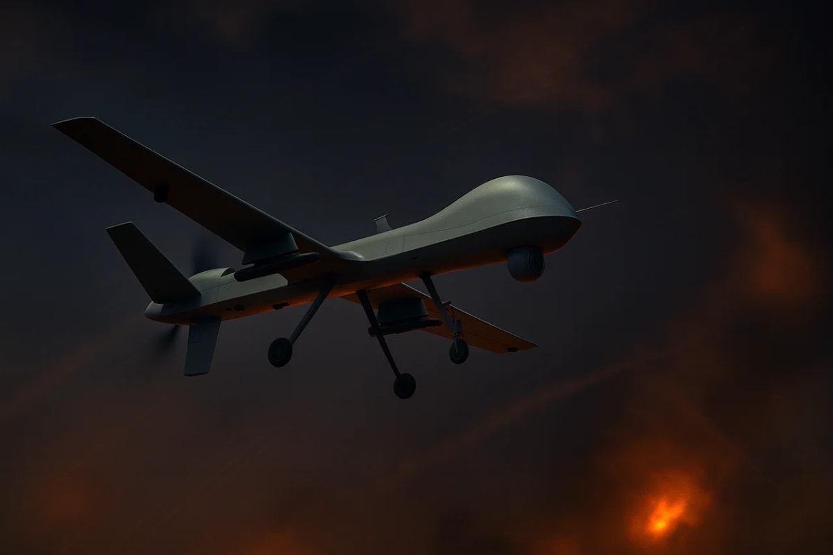Drone militar armado en vuelo contra un cielo rojizo
