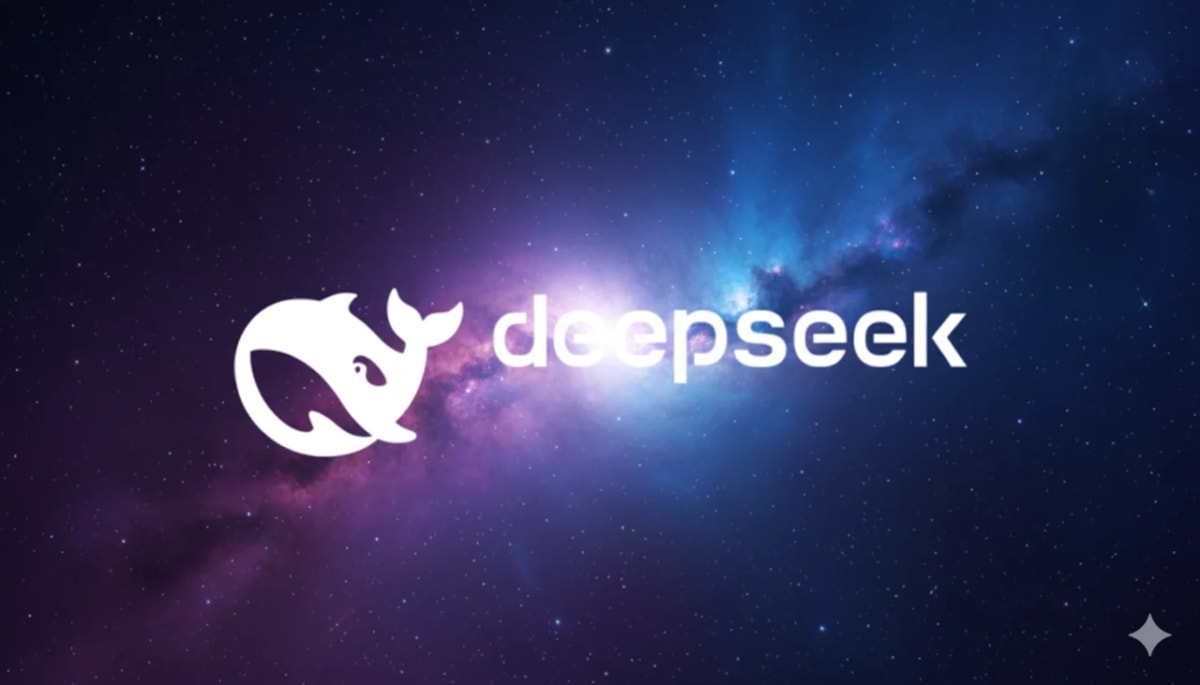 Logotipo de DeepSeek con una ballena blanca y el nombre en tipografía moderna
