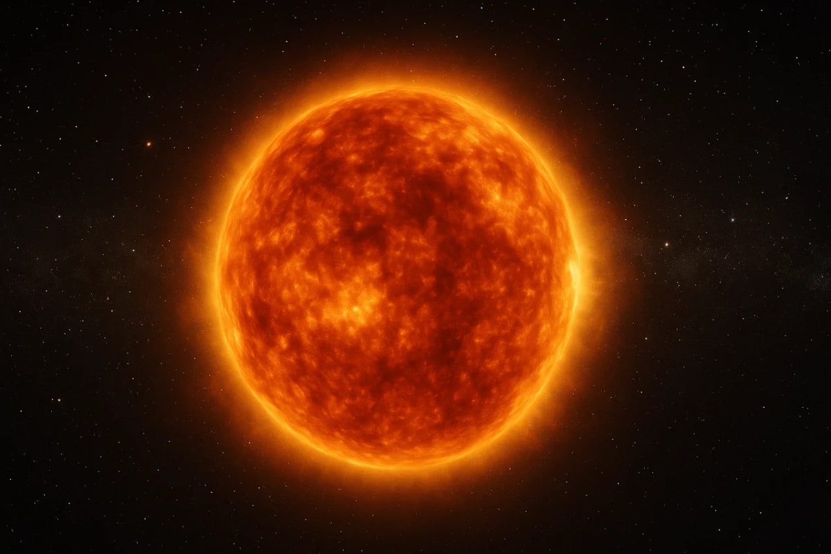 Ilustración realista de la estrella gigante roja Betelgeuse con superficie incandescente en tonos rojos y anaranjados sobre un fondo estrellado