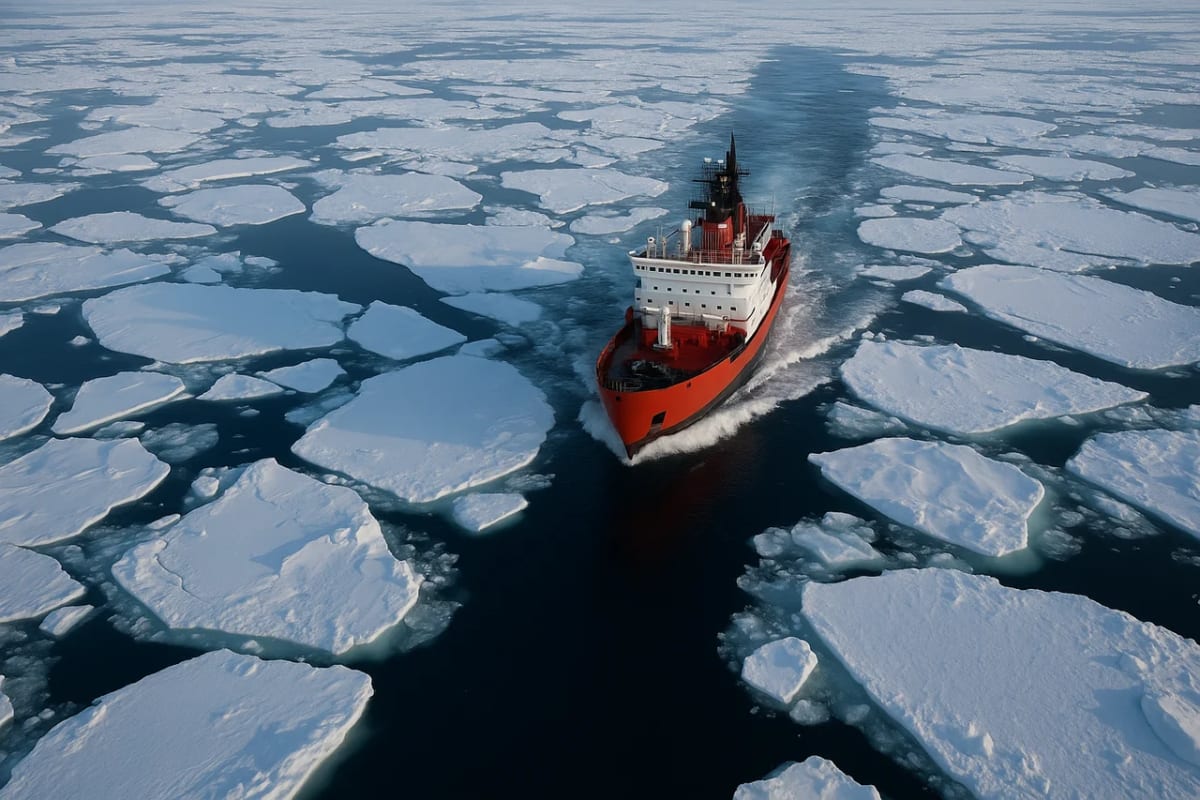 Rompehielos avanzando entre bloques de hielo en el océano Ártico durante el deshielo
