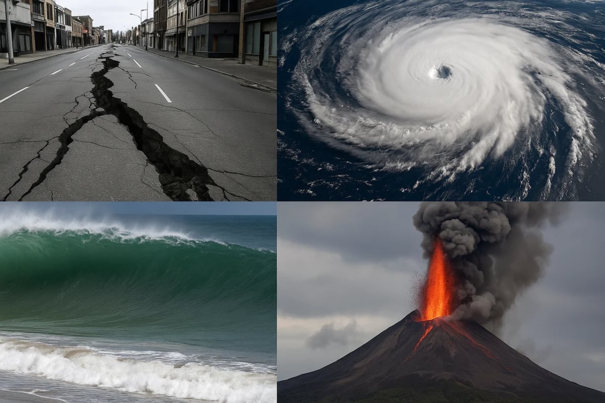 Collage de fenómenos naturales: terremoto, huracán, tsunami y volcán en erupción