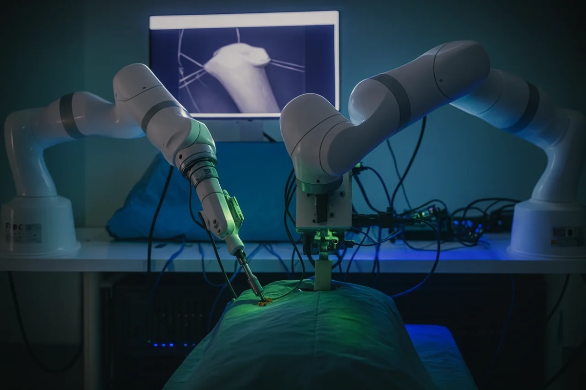 Brazos robóticos realizan una cirugía mientras en el monitor se muestra una imagen médica del área intervenida