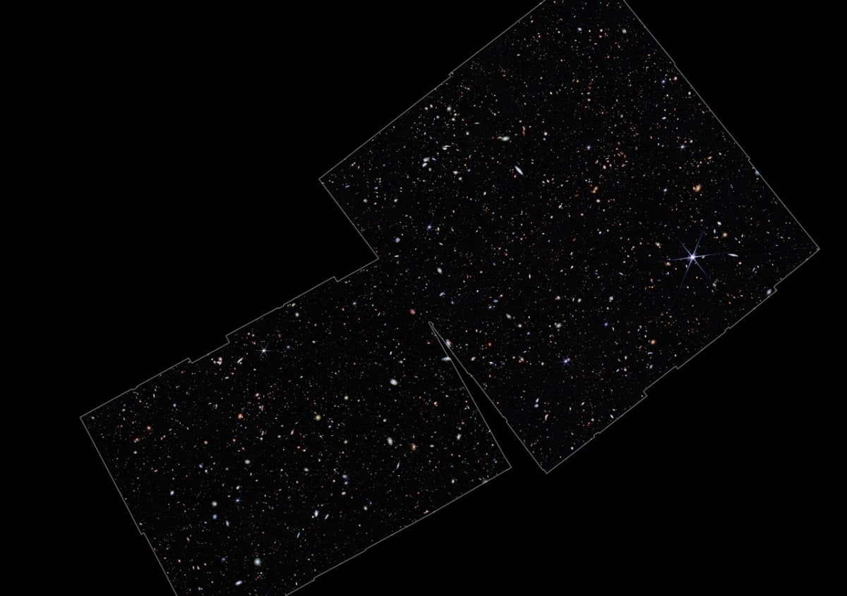 Vista del campo JADES captada por el Telescopio Espacial James Webb, dentro del área del Campo Ultraprofundo del Hubble