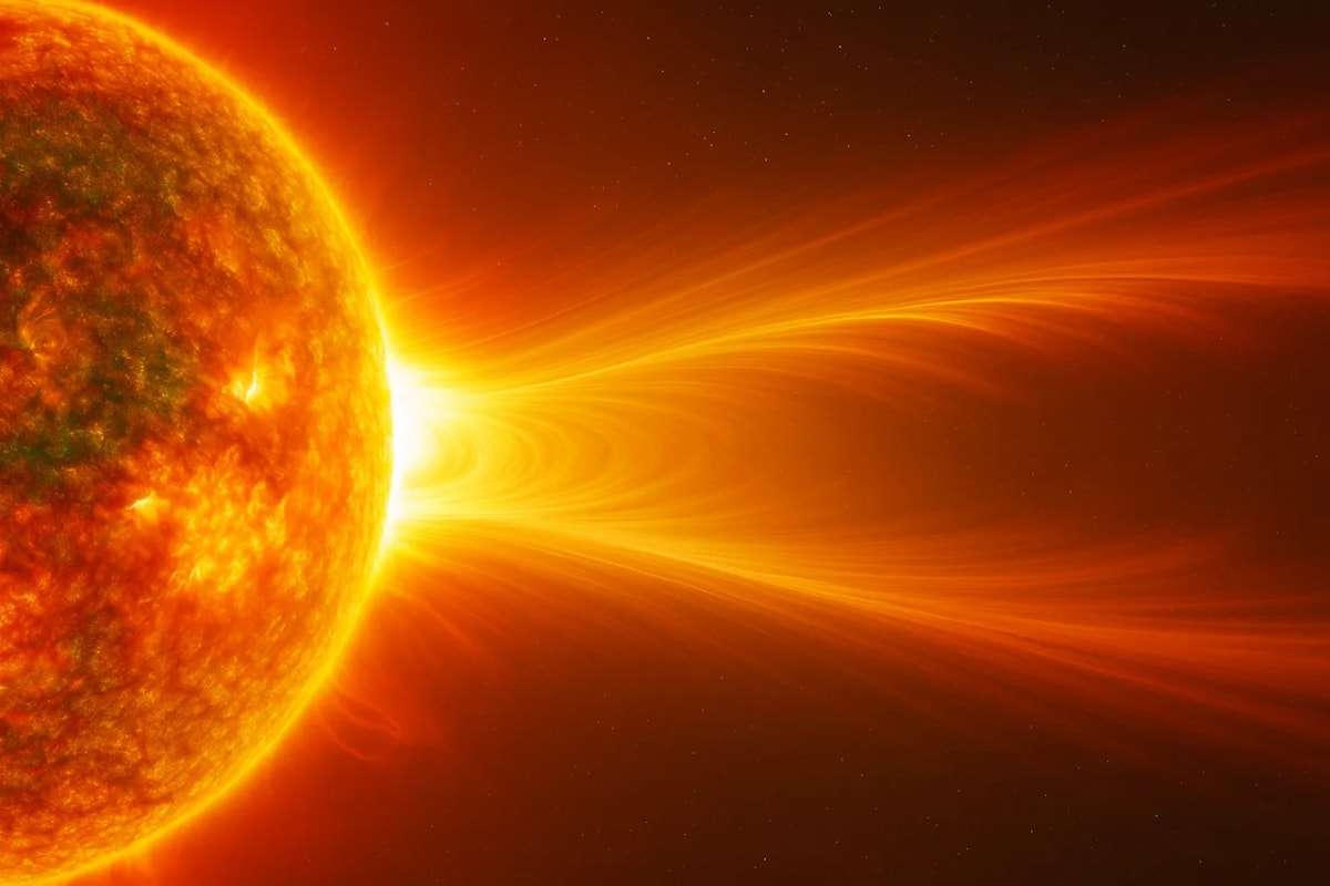 EL Sol emitiendo viento solar en forma de partículas cargadas