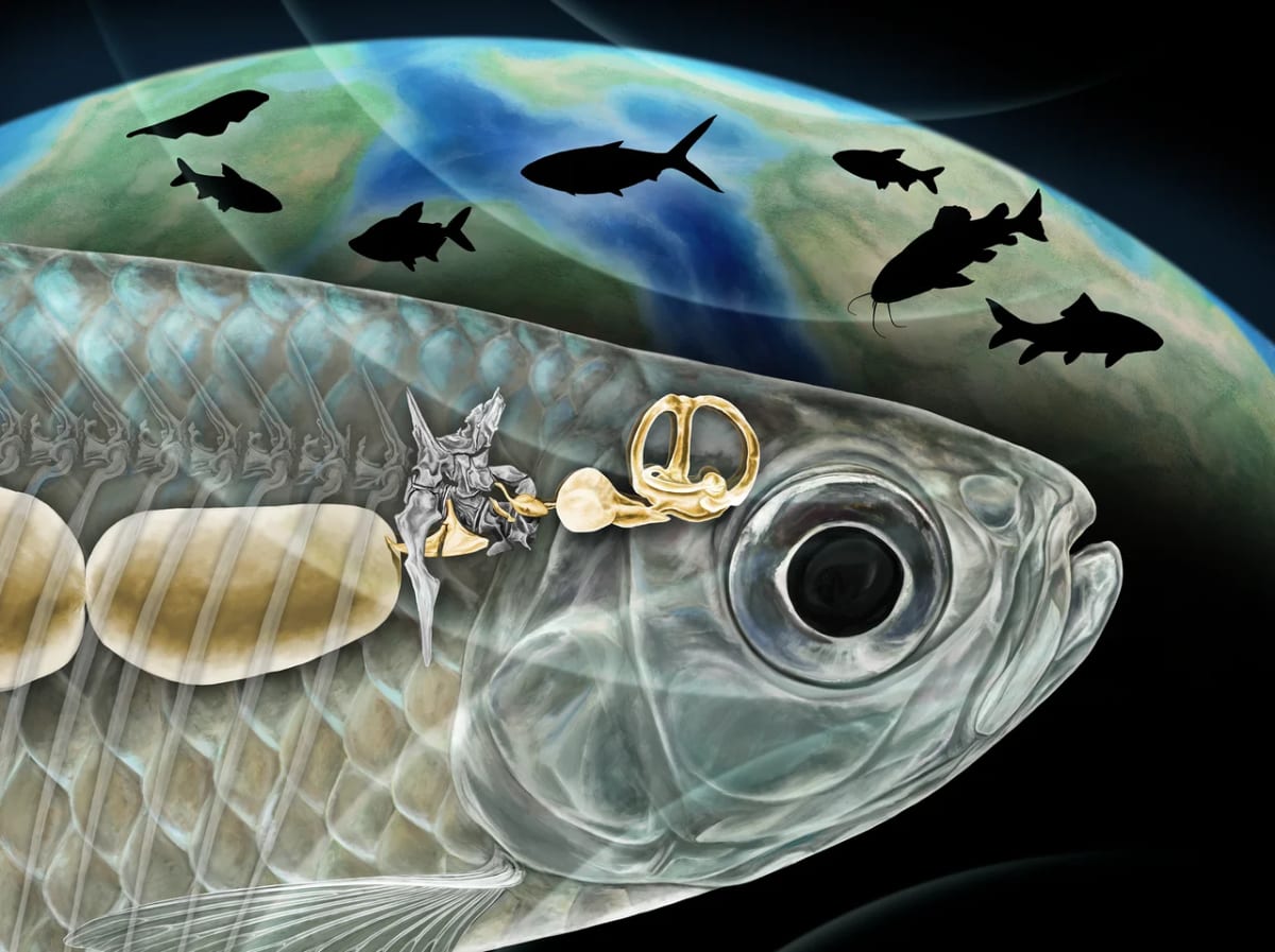 Modelo óseo del aparato weberiano en un pez fósil