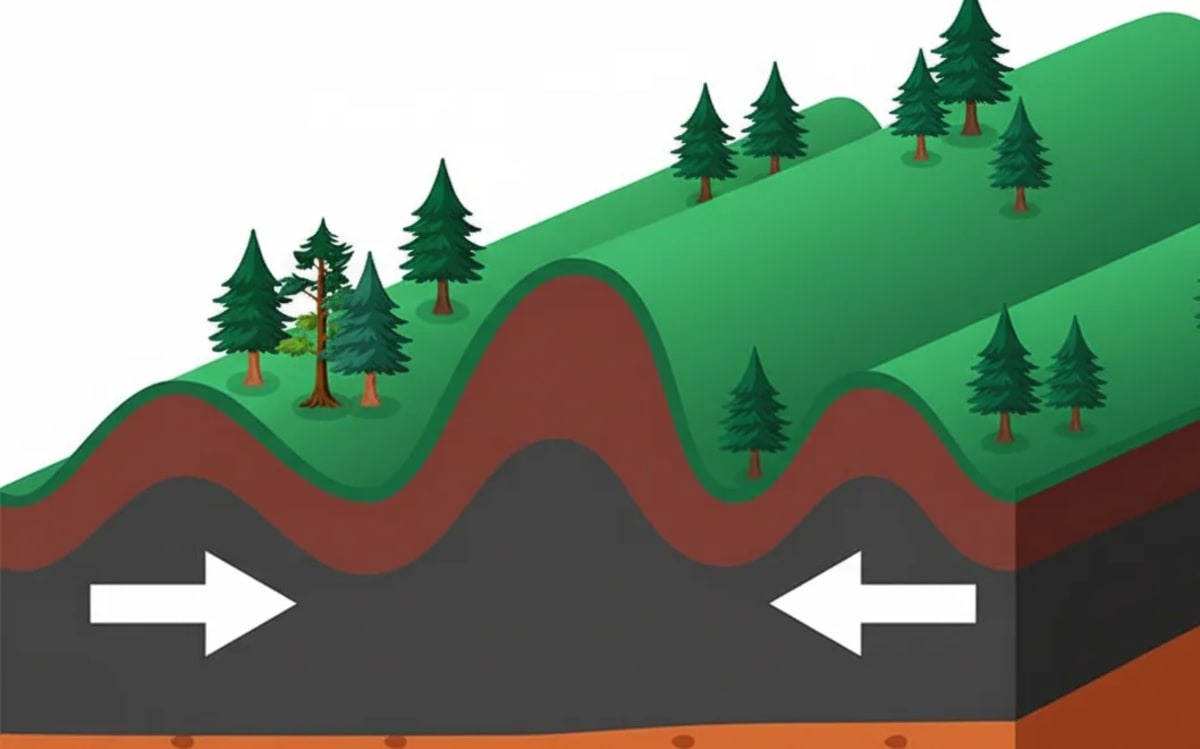 Capas de roca de la corteza terrestre plegadas con movimiento de placas tectónicas indicado por flechas