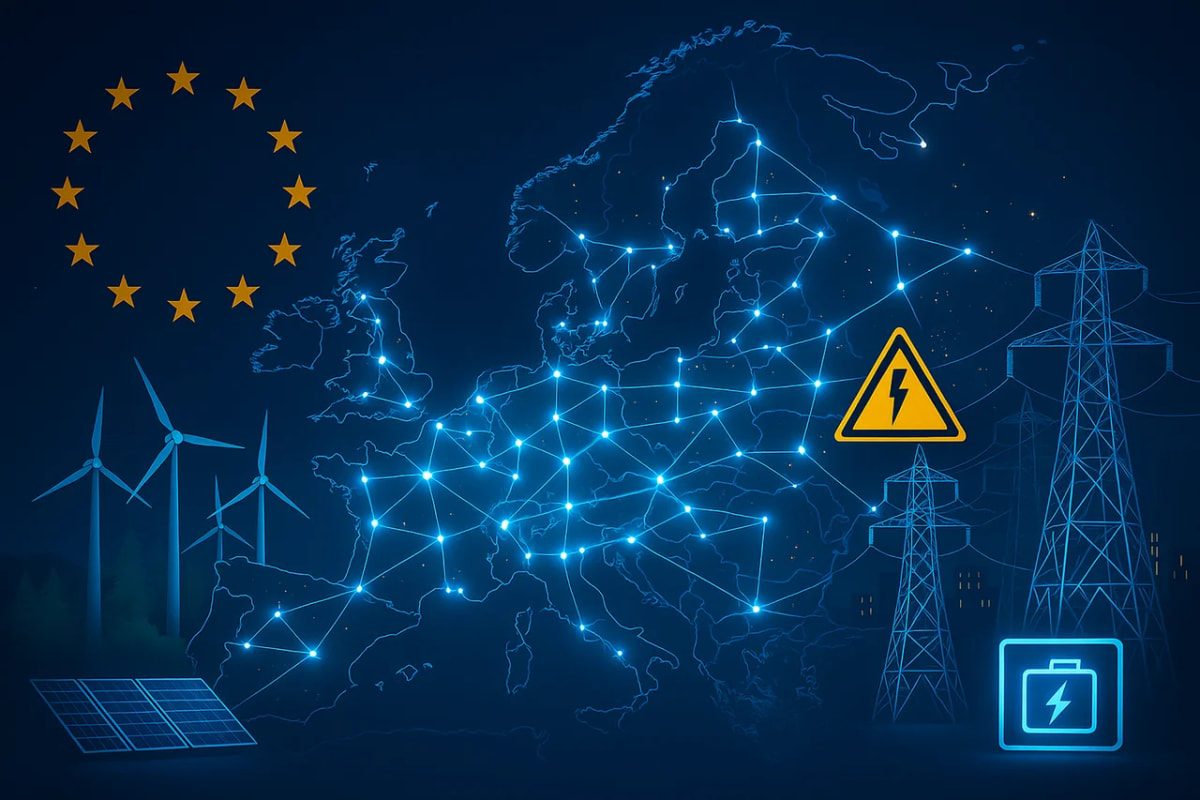 Mapa nocturno de Europa con símbolos de energía renovable y alerta