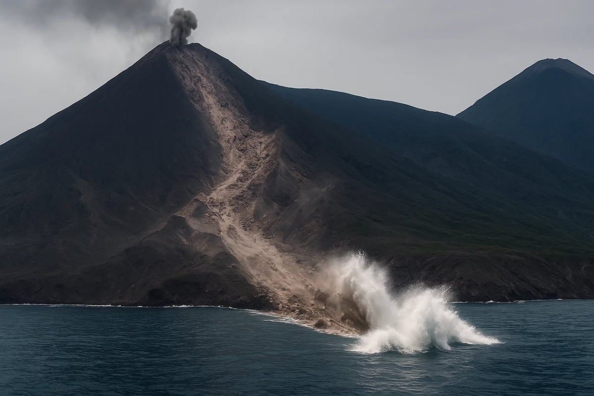 Colapso de la ladera de un volcán cayendo al océano, con gran oleaje provocado por el derrumbe y columnas de ceniza saliendo del cráter