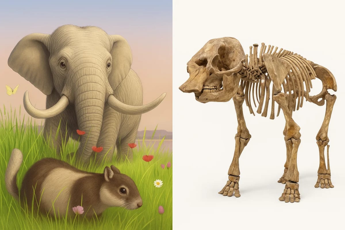 Comparación entre la reconstrucción de un elefante enano del Pleistoceno y su esqueleto fósil