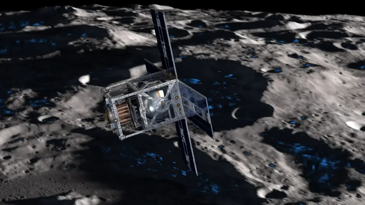Renderización del satélite Oasis-1 en órbita polar ultrabaja alrededor de la Luna