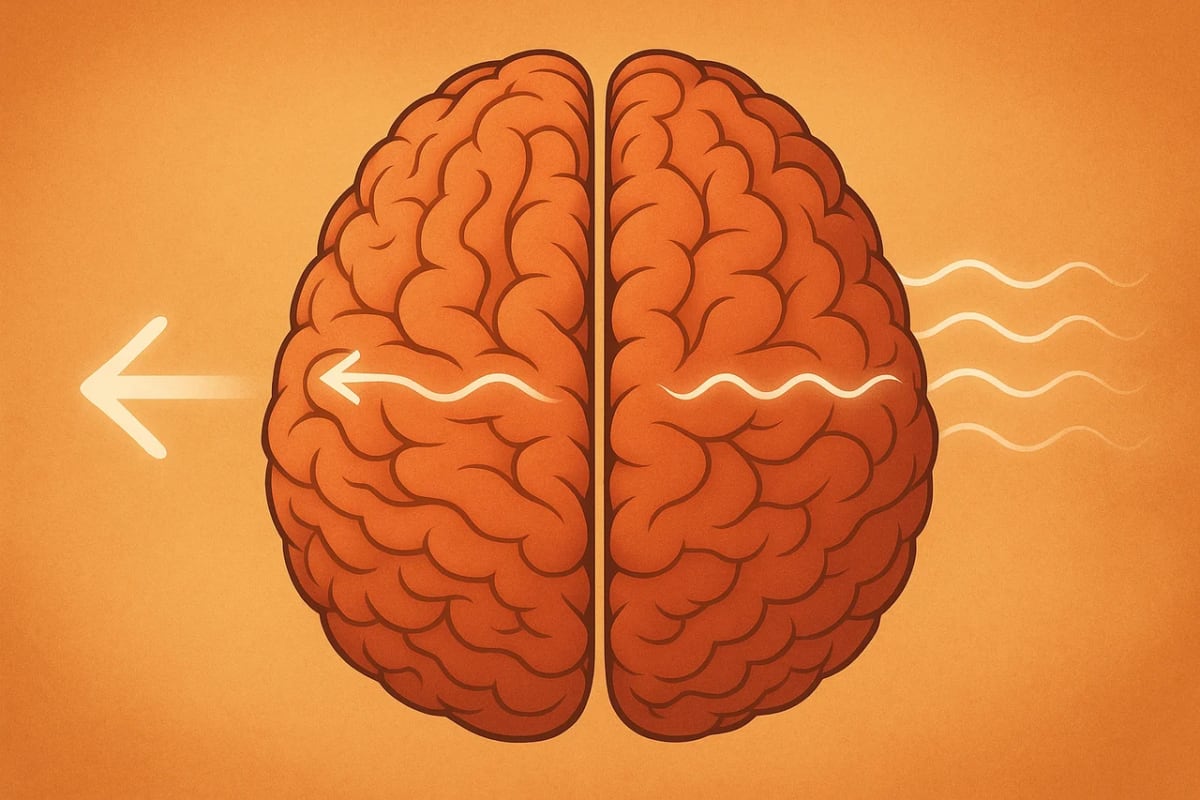 Cerebro dividido en dos hemisferios con una flecha que indica movimiento hacia la izquierda
