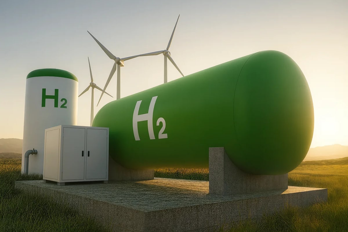Tanques de almacenamiento de hidrógeno verde junto a turbinas eólicas
