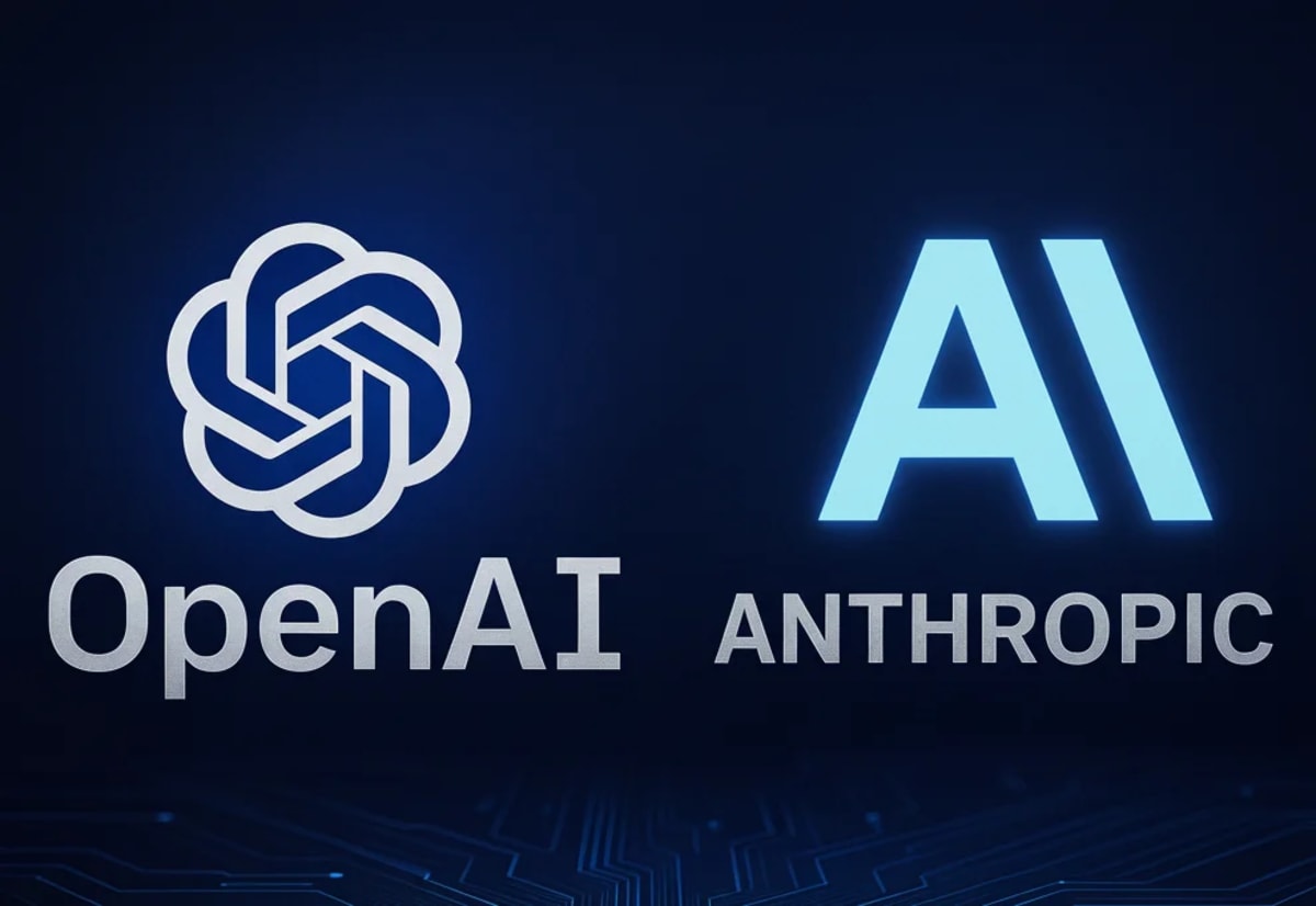 Logos de OpenAI y Anthropic sobre un fondo azul con circuitos digitales