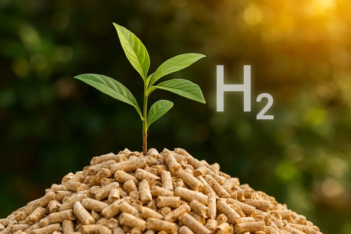 Planta verde brotando sobre pellets de biomasa con el símbolo H₂