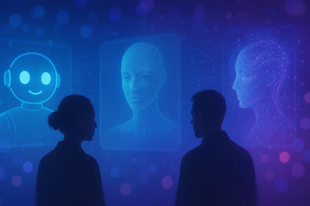 Personas observando pantallas holográficas con rostros digitales y figuras de inteligencia artificial en tonos azules y violetas