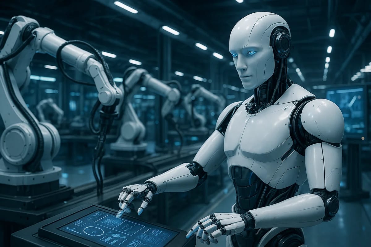 Un robot en una fábrica y maquinaria industrial