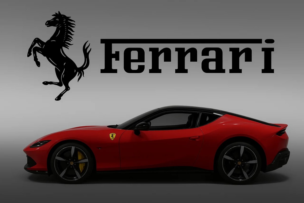 Ferrari rojo con logotipo negro sobre fondo gris