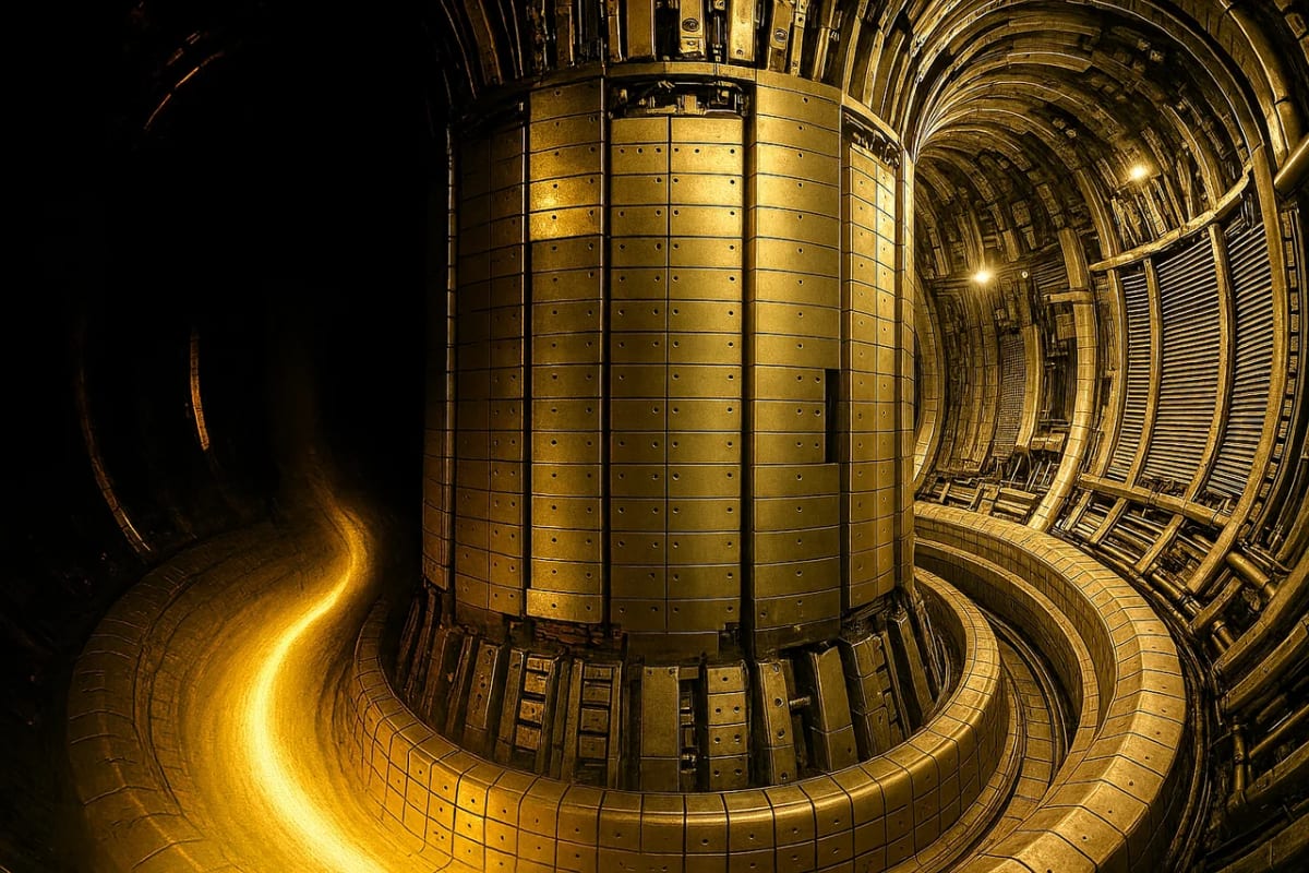Interior de un reactor de fusión tipo tokamak con plasma amarillo brillante y estructura metálica curvada