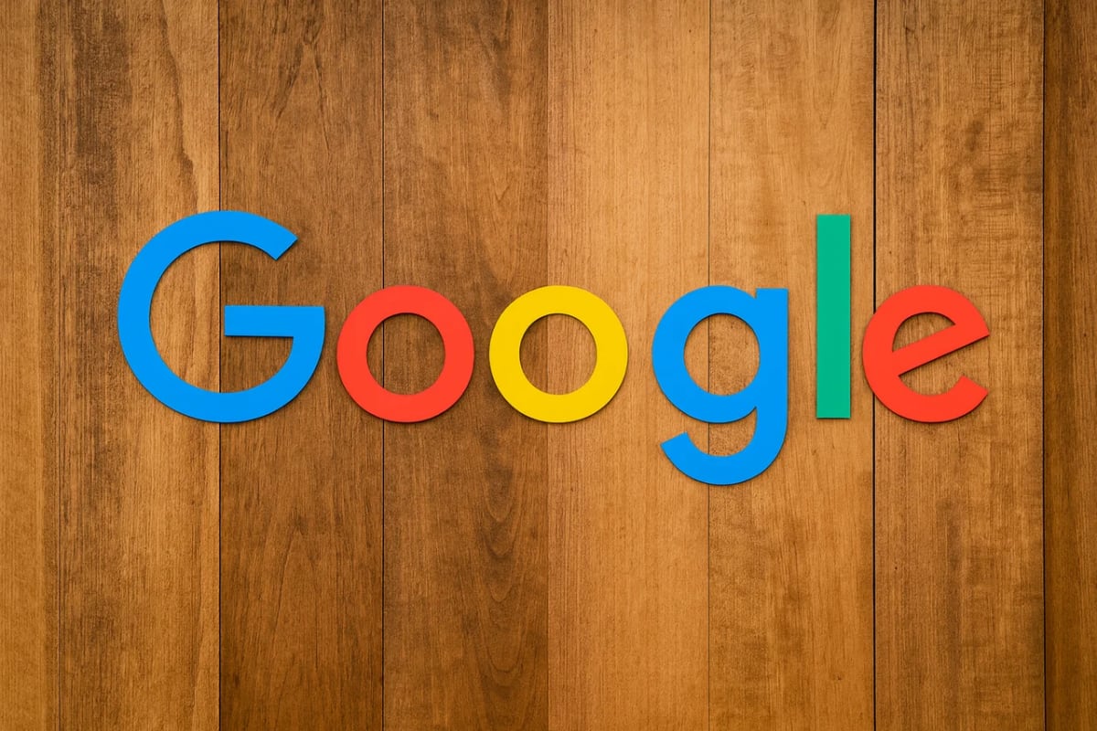 Logotipo de Google con letras de colores sobre una pared de madera moderna con iluminación cálida