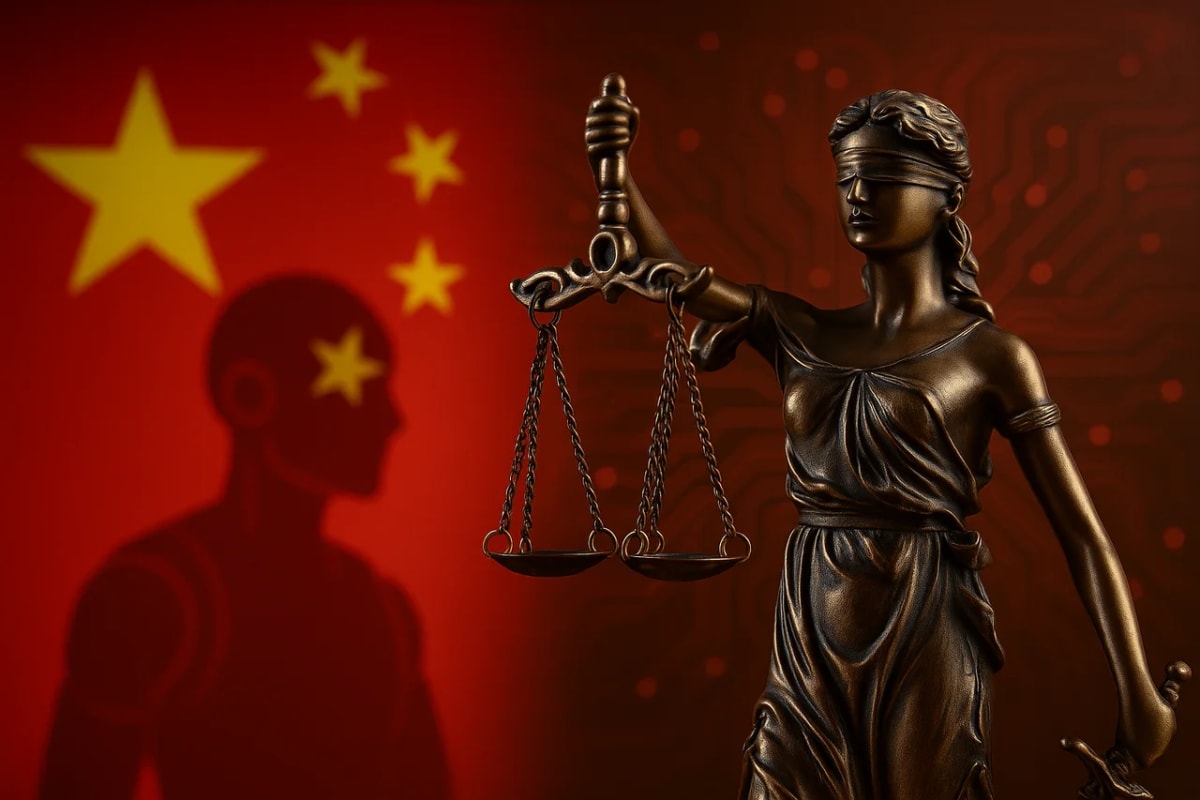 Silueta de robot y figura de justicia frente a la bandera de China