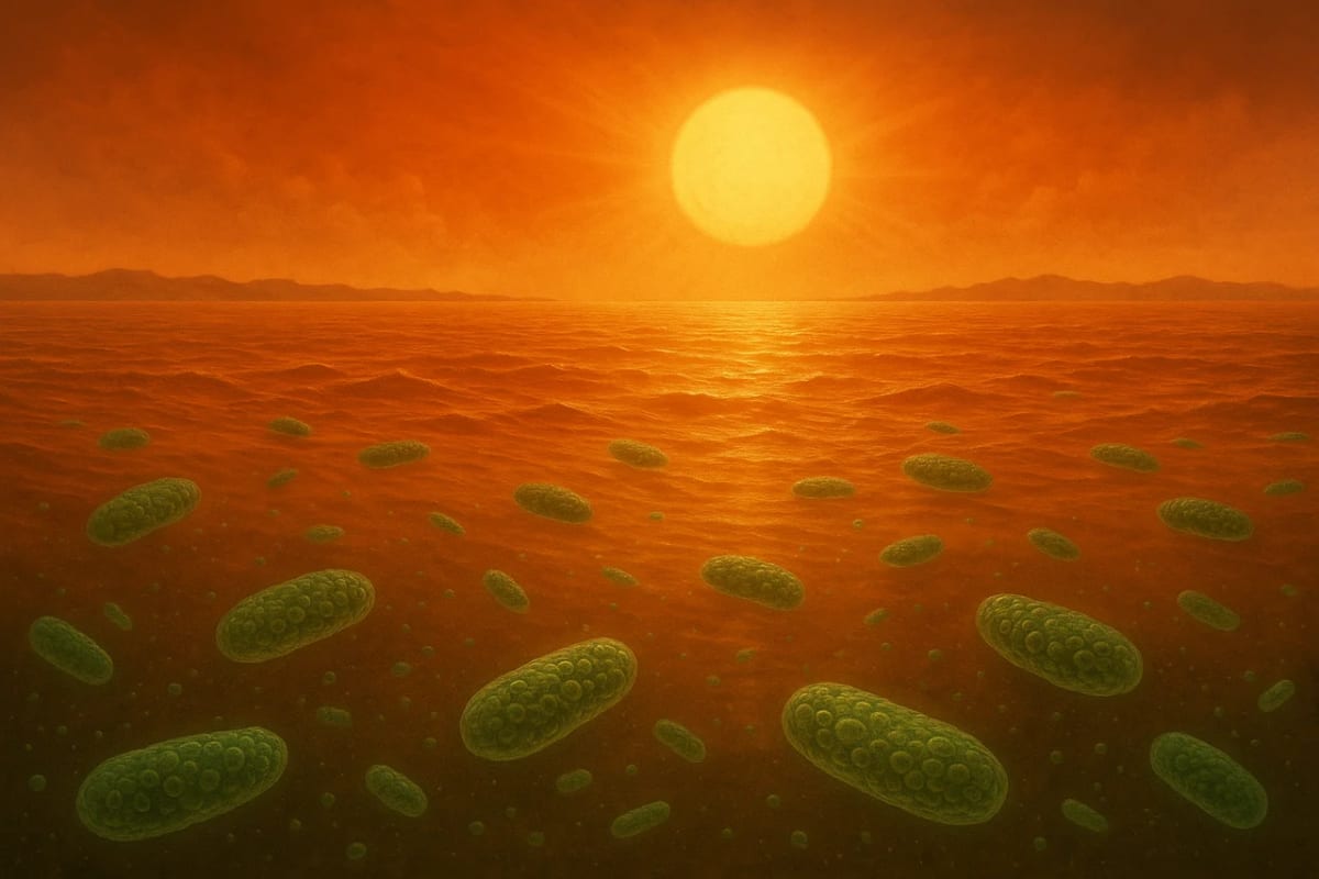 Cianobacterias flotando en los océanos anaranjados de la Tierra primitiva bajo una luz solar intensa