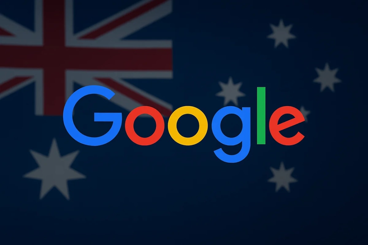 Logotipo de Google centrado sobre una bandera australiana difuminada en tonos azul y rojo