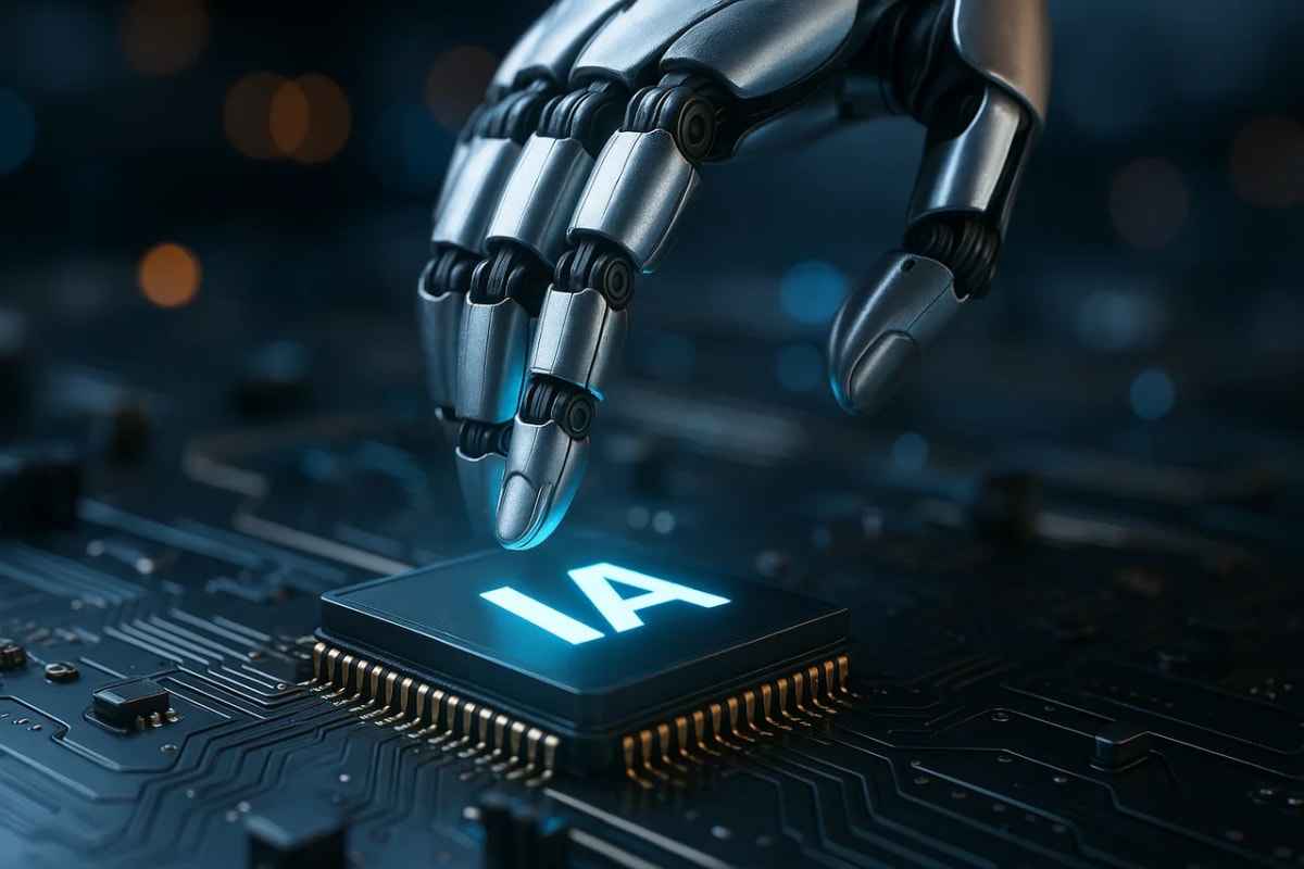 Mano robótica metálica acercándose a un chip con las letras “IA” iluminadas sobre una placa electrónica