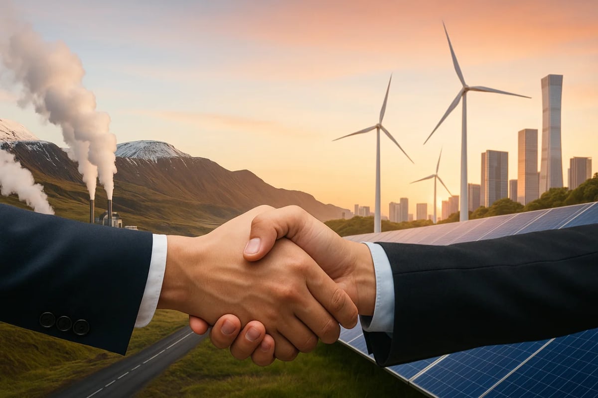 Apretón de manos entre China e Islandia, con paisajes geotérmicos y de energía renovable al fondo