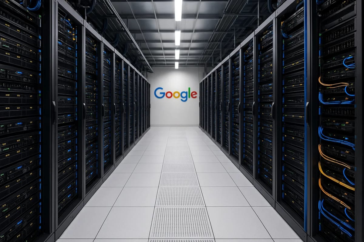 Pasillo de centro de datos de Google con racks de servidores y logo de la empresa al fondo
