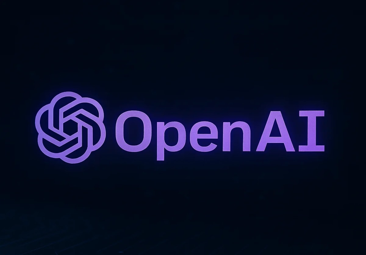 Logotipo de OpenAI iluminado en tonos violeta