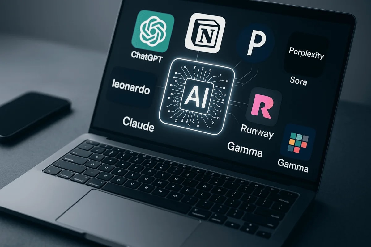 Pantalla con las principales herramientas de inteligencia artificial populares en 2025, como ChatGPT, Leonardo AI o Perplexity