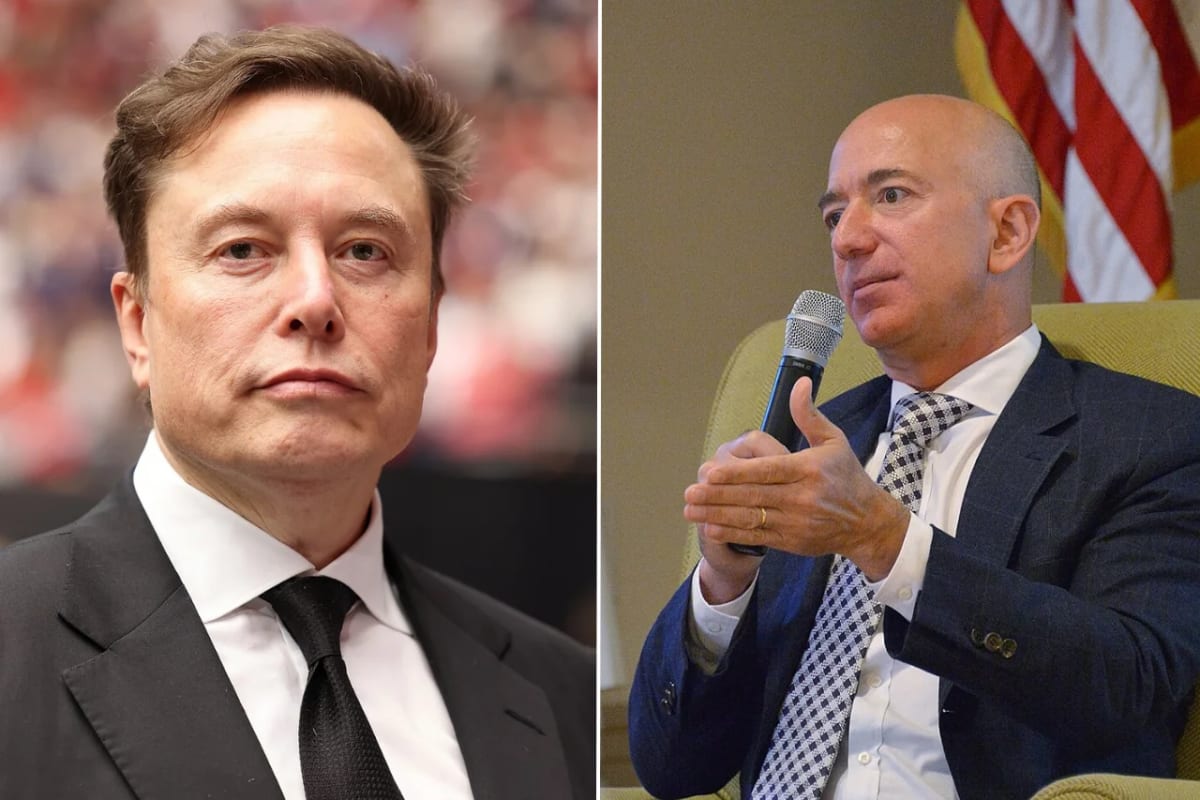 Elon Musk y Jeff Bezos durante distintos eventos públicos