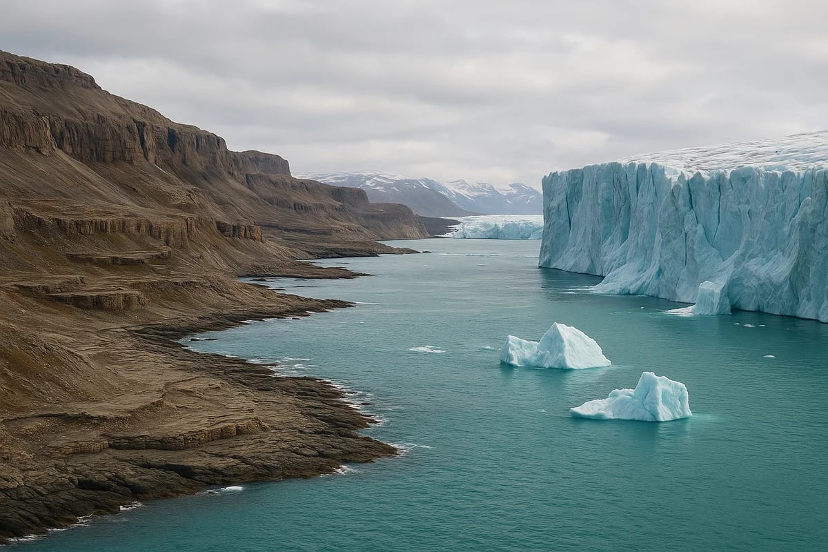 Acantilados y un glaciar que desemboca en el mar Ártico