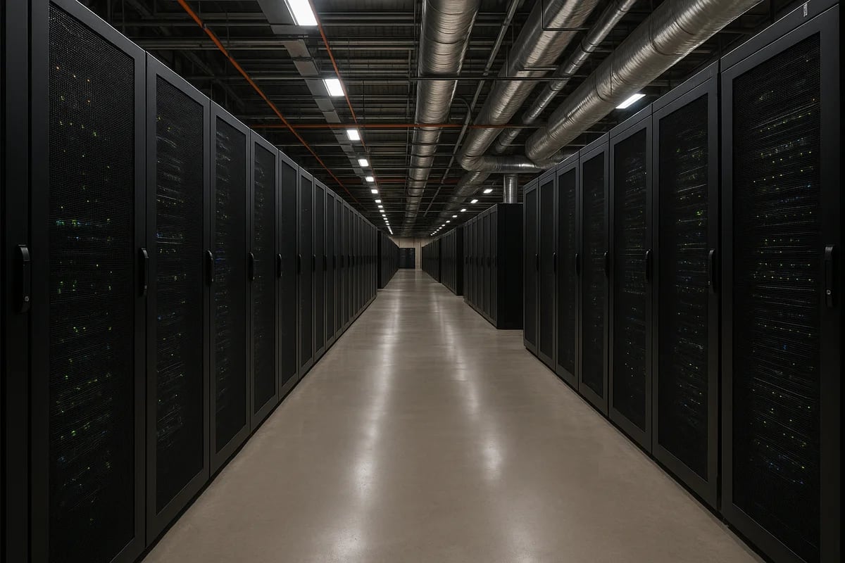 Centro de datos moderno con filas de servidores iluminados en tonos azules y metálicos