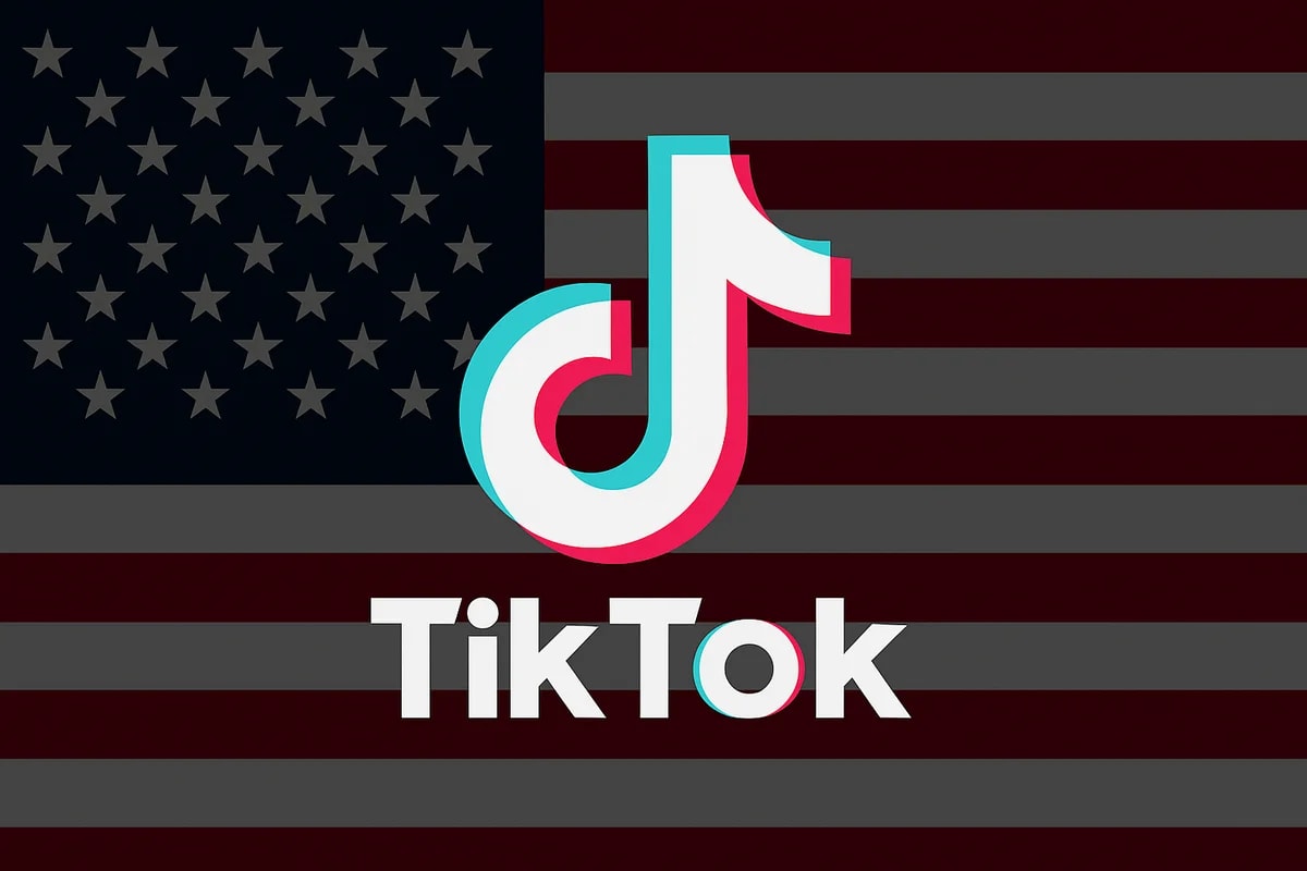 Logotipo de TikTok sobre un fondo opaco con la bandera de Estados Unidos