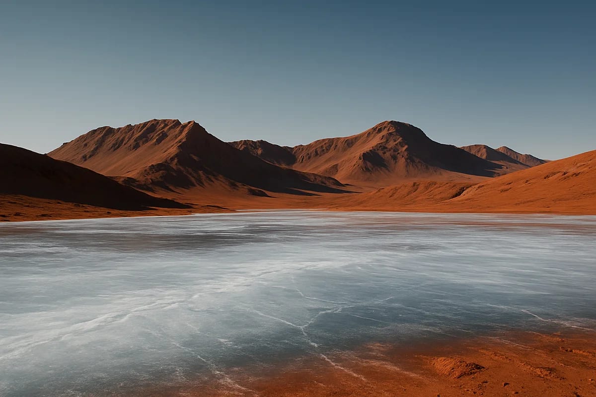 Paisaje marciano con una superficie helada rodeada de montañas rojizas