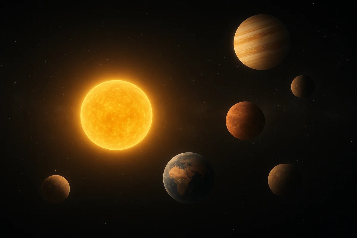 Representación artística de una estrella luminosa rodeada por cinco planetas en órbita